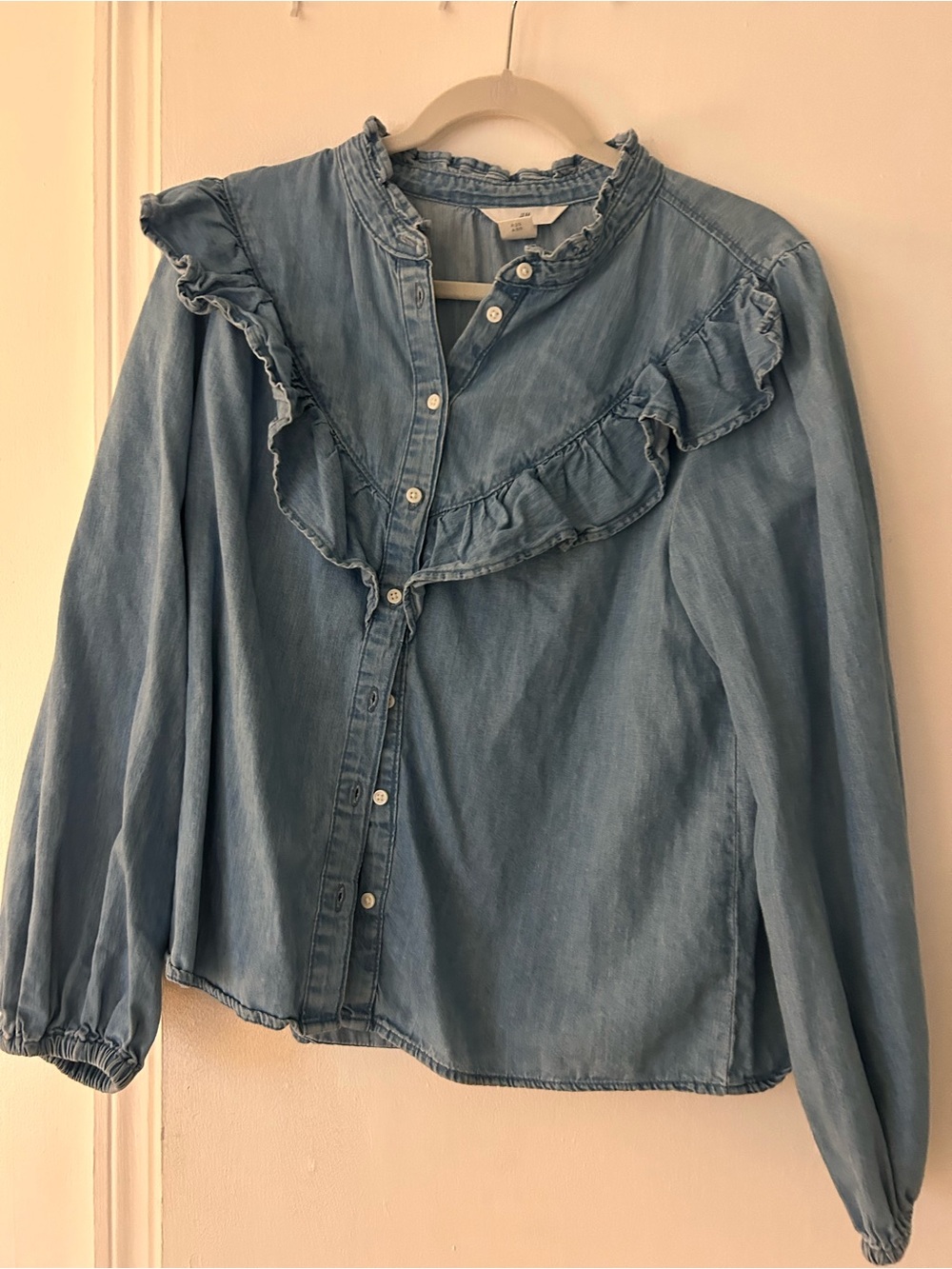 H&m Light Wash Ruffle Denim Button-Up Blouse